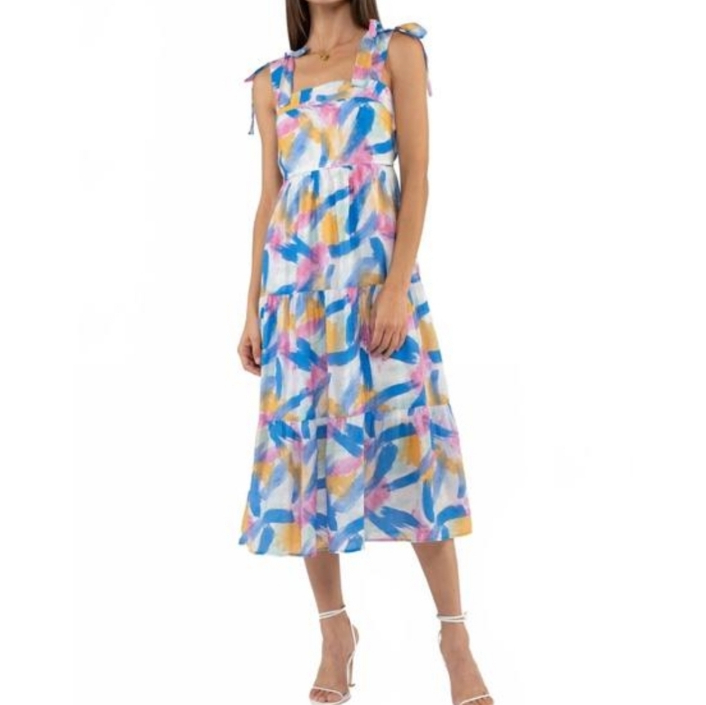NWT Blu Pepper Happy Little Mistakes Brushstroke Midi Dress Bow Tie Shoulder LG